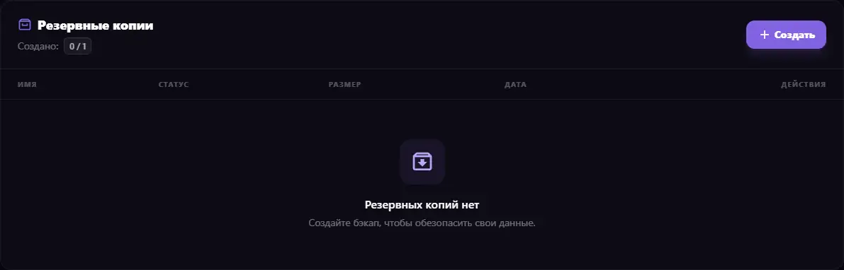Страница Резервные копии